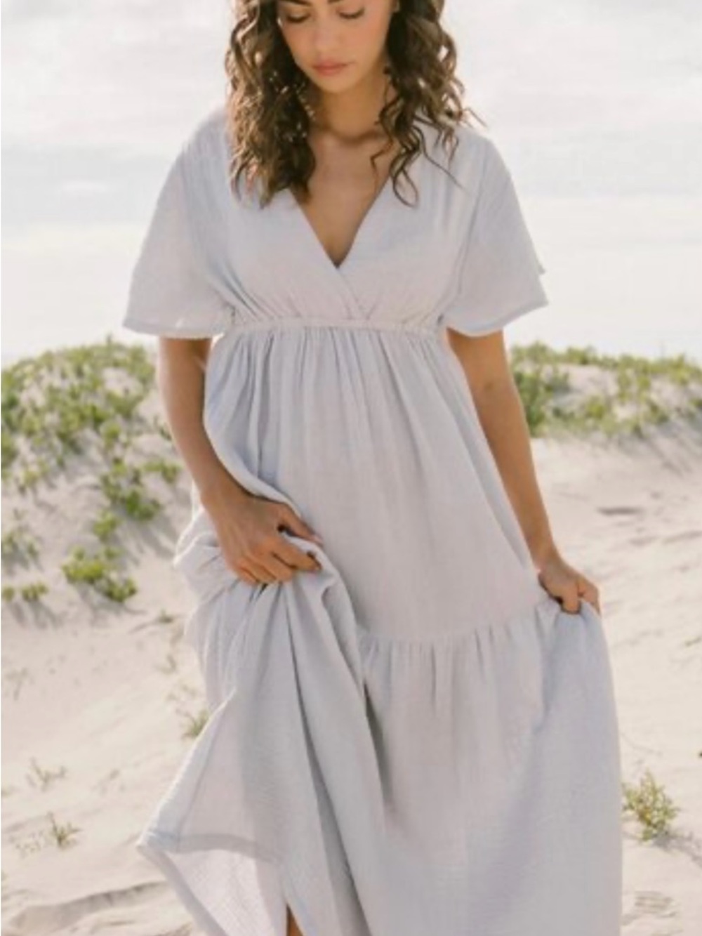 Earth Pale Gray V-Neck Maxi Dress new sz m cotton white